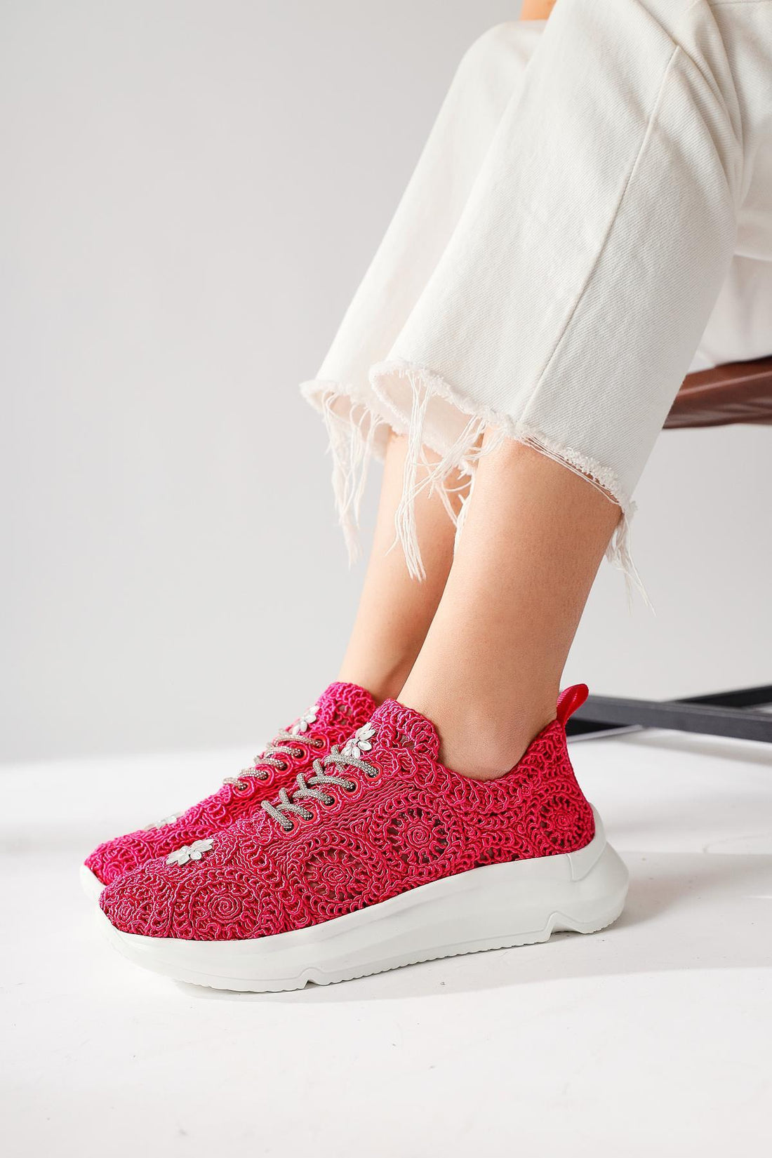 Matty Fuchsia Stone Detail Knit Sneaker