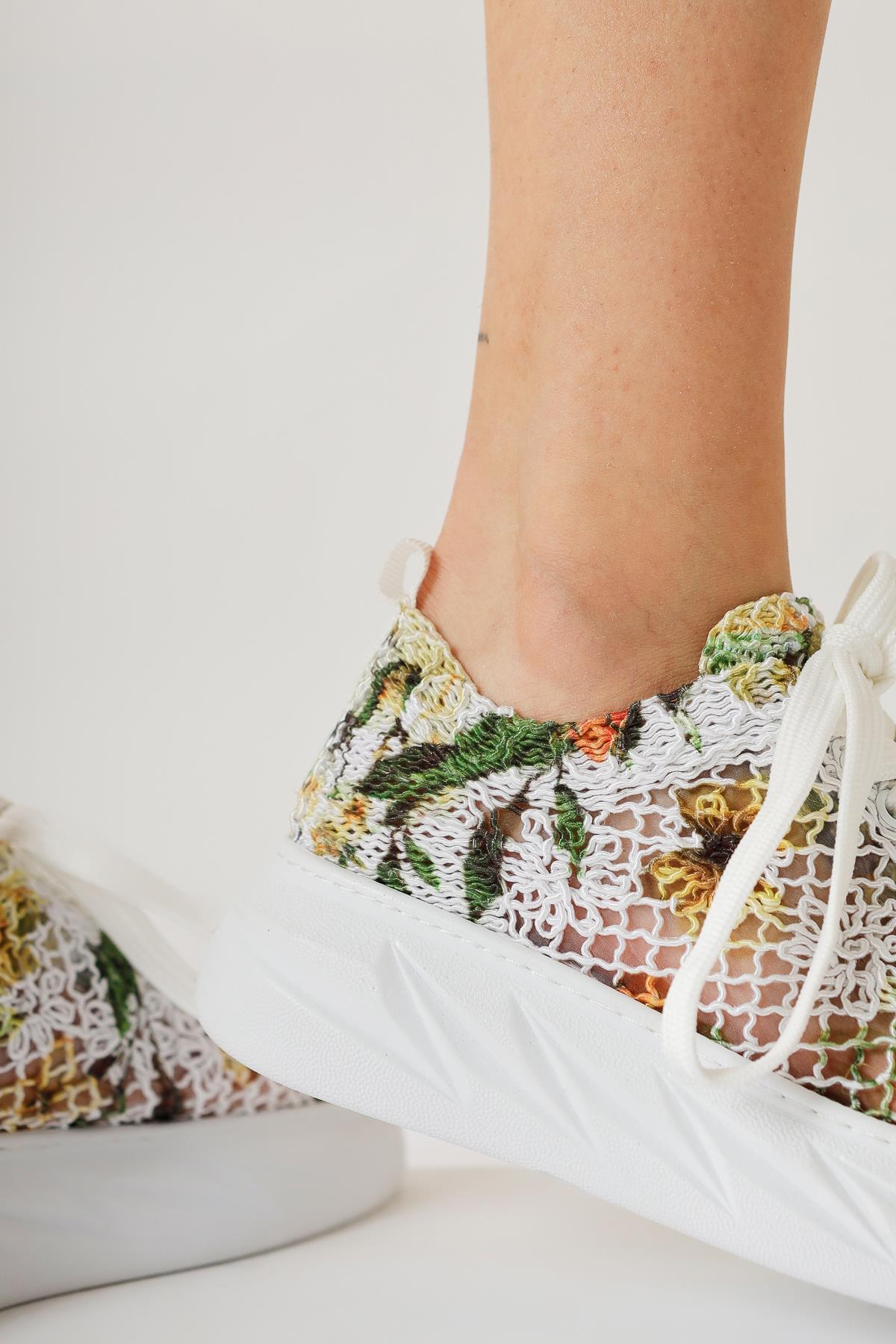 Biba Yellow Knit Pattern Printed Lace-Up Sneakers