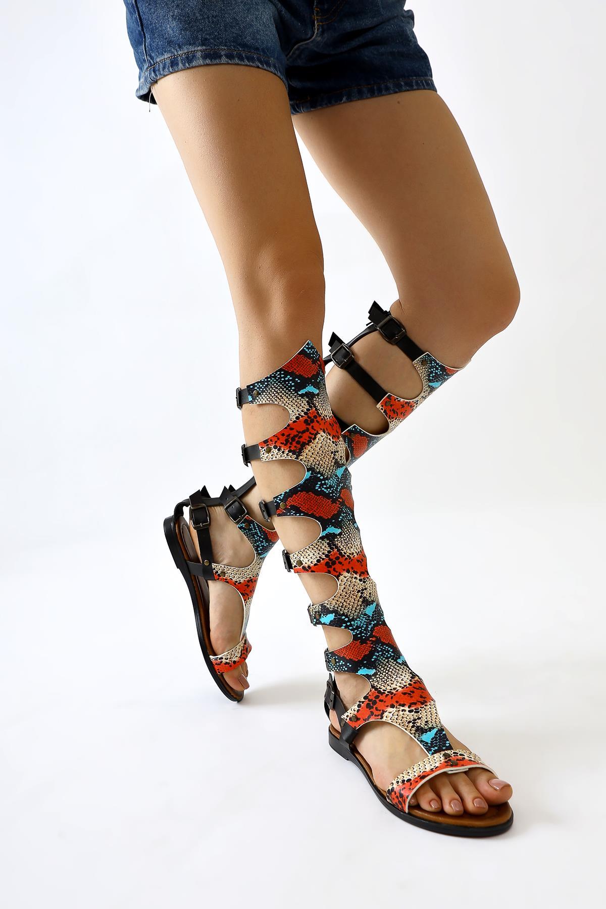 Lilith Genuine Leather Black-Multi Snake Skin Patterned Knee-High Gladiator Sandals