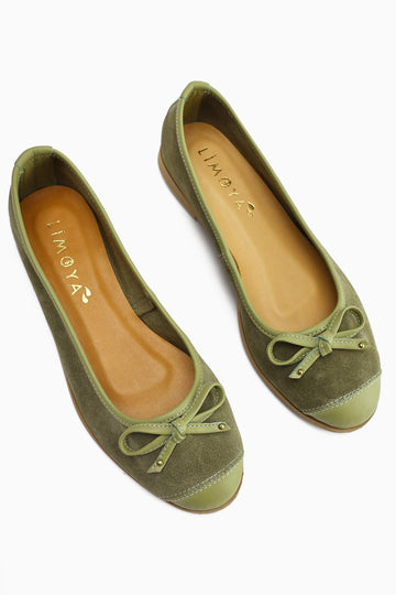Genuine Leather Alfreda Khaki Suede Detailed Bow Women’s Ballet Flats