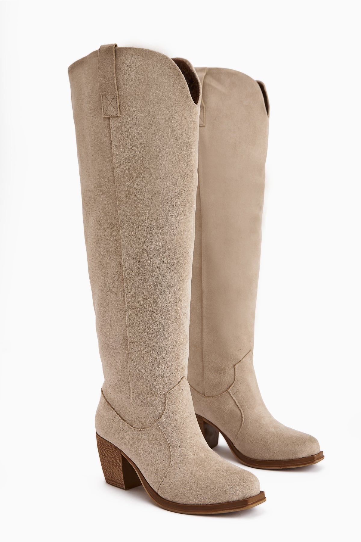 Leya Beige Suede Heeled Boot without Zipper