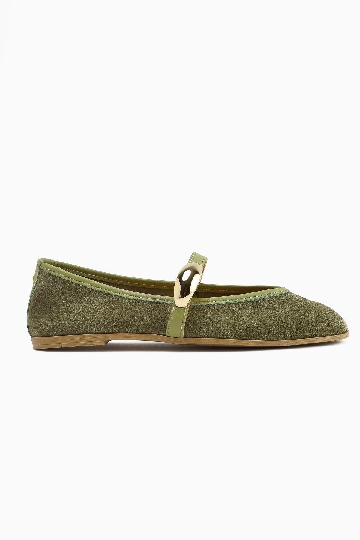 Aliana – Genuine Leather Olive Suede Buckle-Detail Ballet Flat (Women)