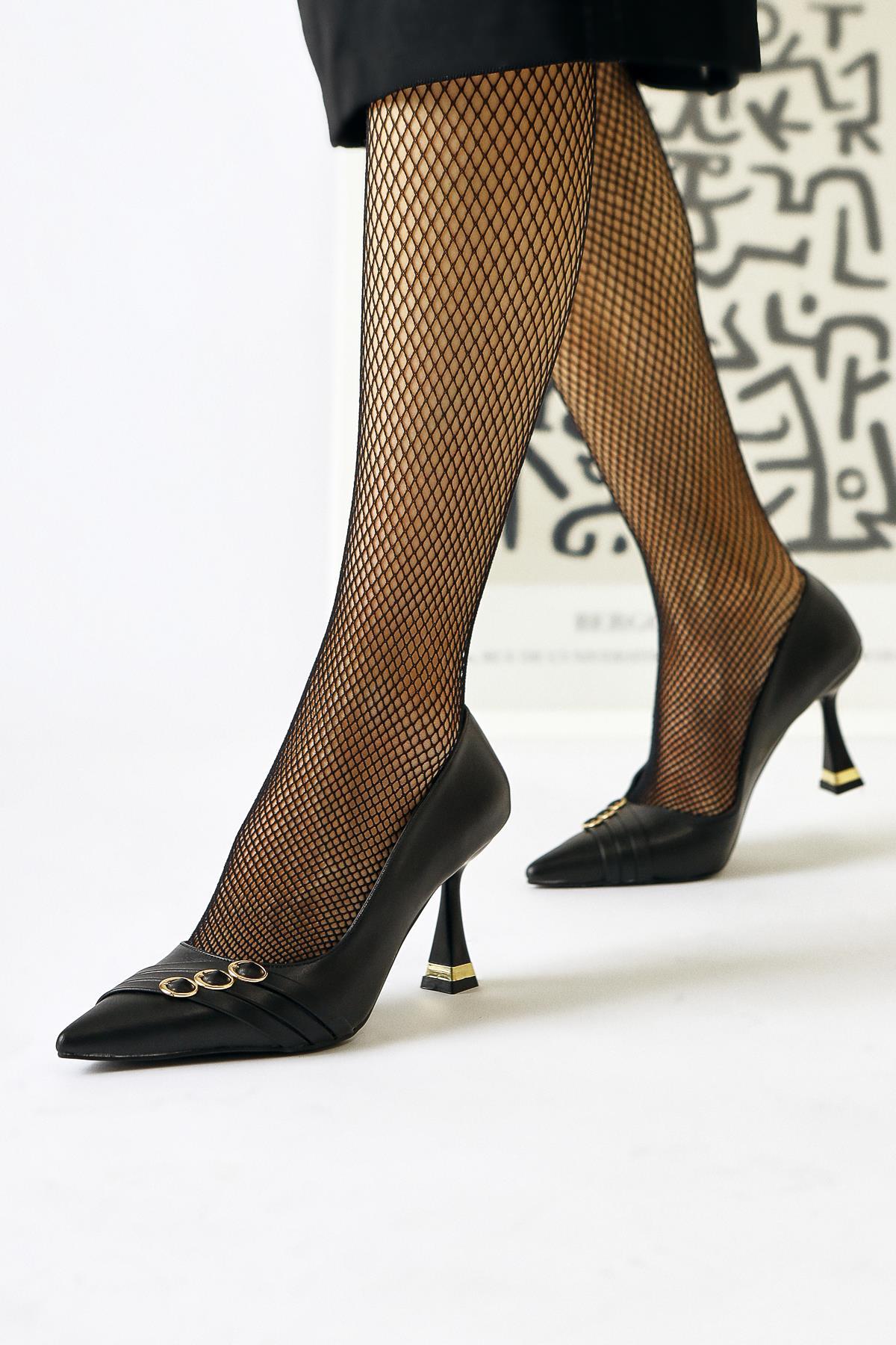 Lavina – Black Banded Gold Heel-Detail Pointed-Toe Stiletto (Women)