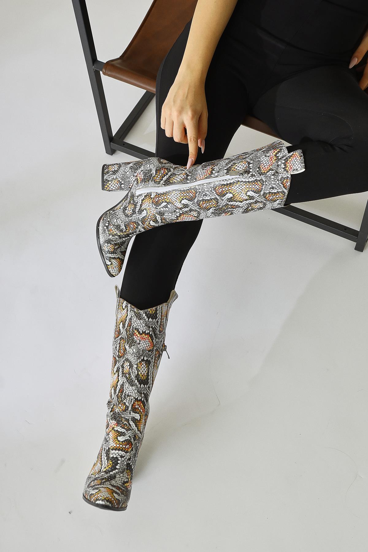 Keri Snake Print Asymmetric Cut Heeled Ankle Boot