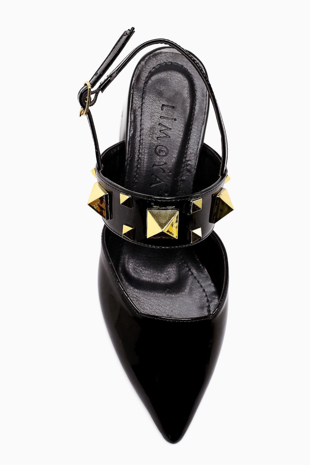 Nicoline Black Patent Pointed Toe Pyramid Studded Thick Strap Short Heeled Women’s Shoes