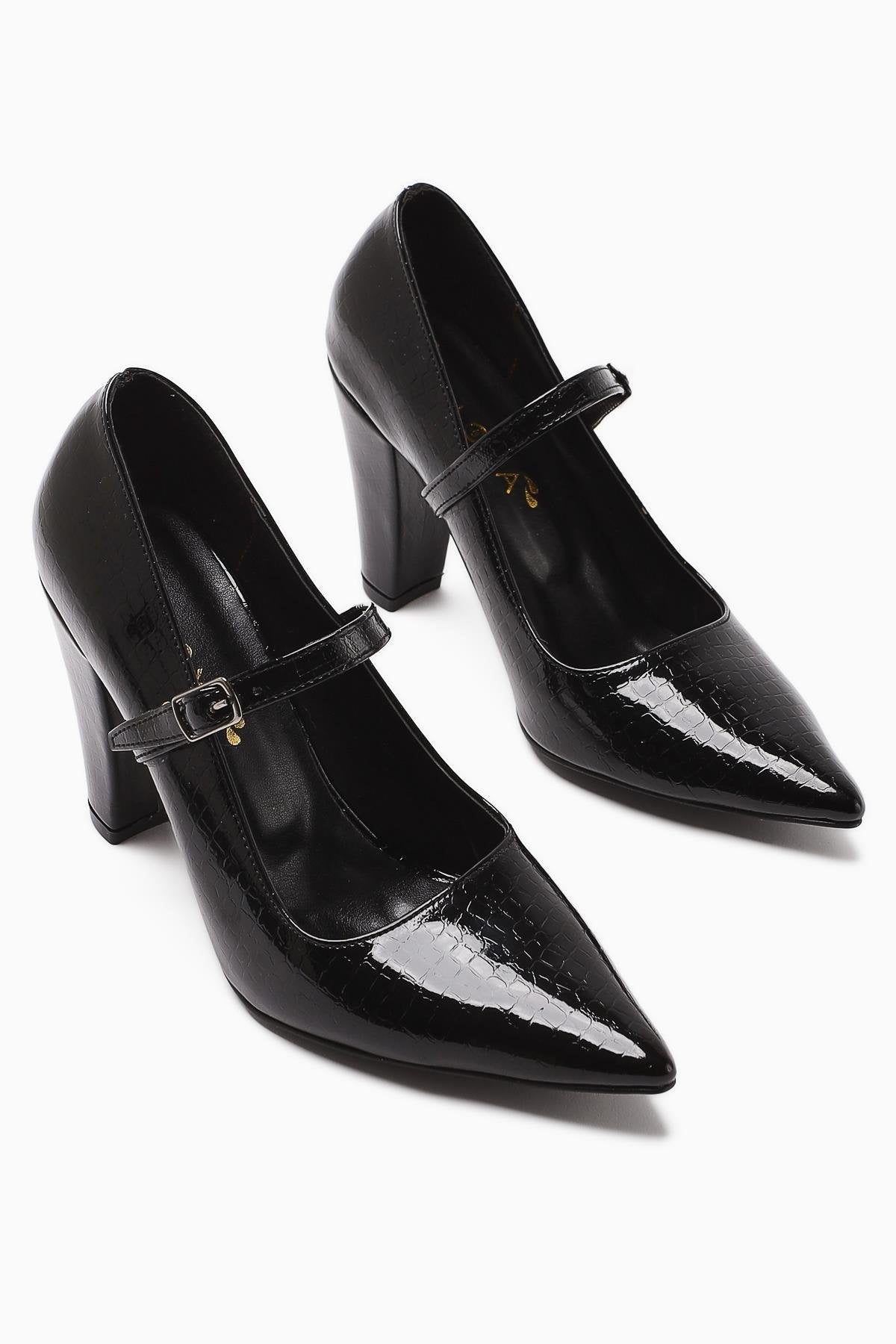 Beate Black Crocodile Leather Print Pointed Toe Heeled Shoes Women’s