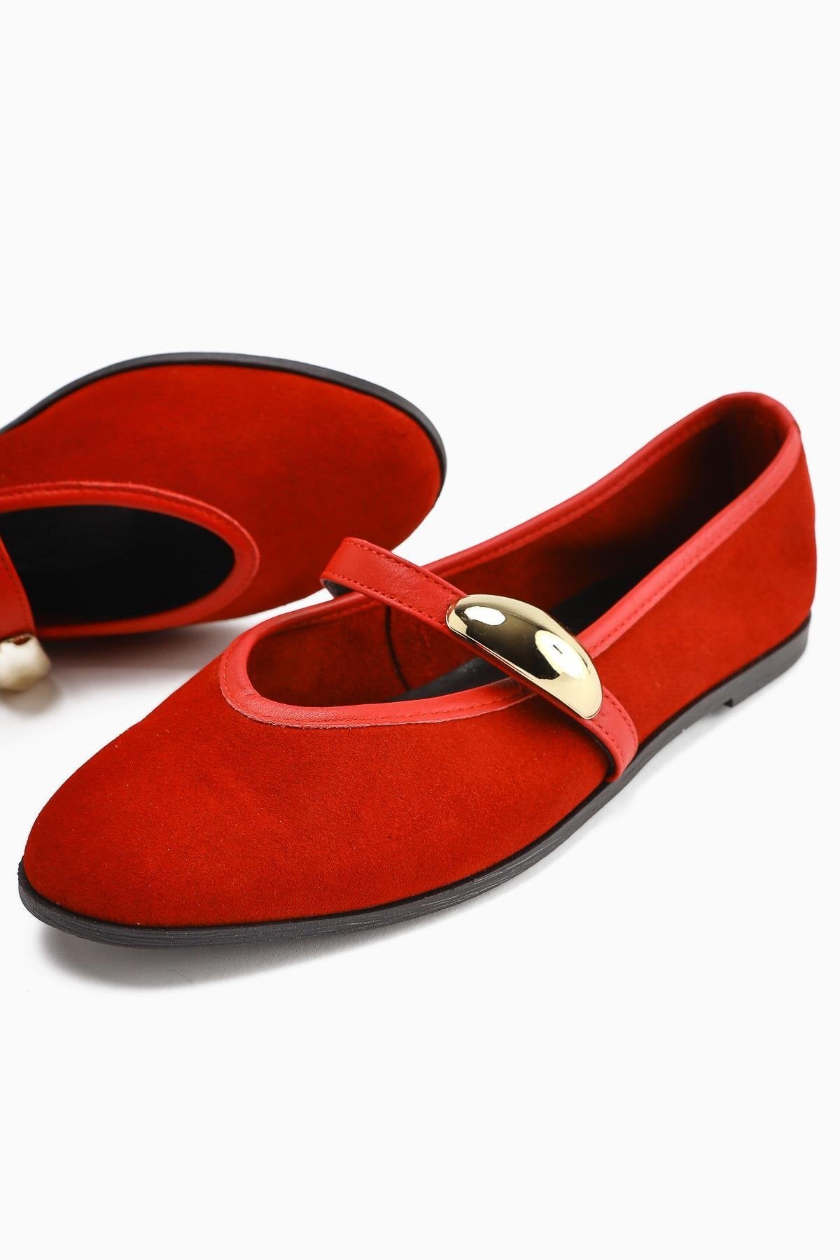 Aliana Genuine Leather – Red Suede Buckle-Detail Ballet Flat (Women)