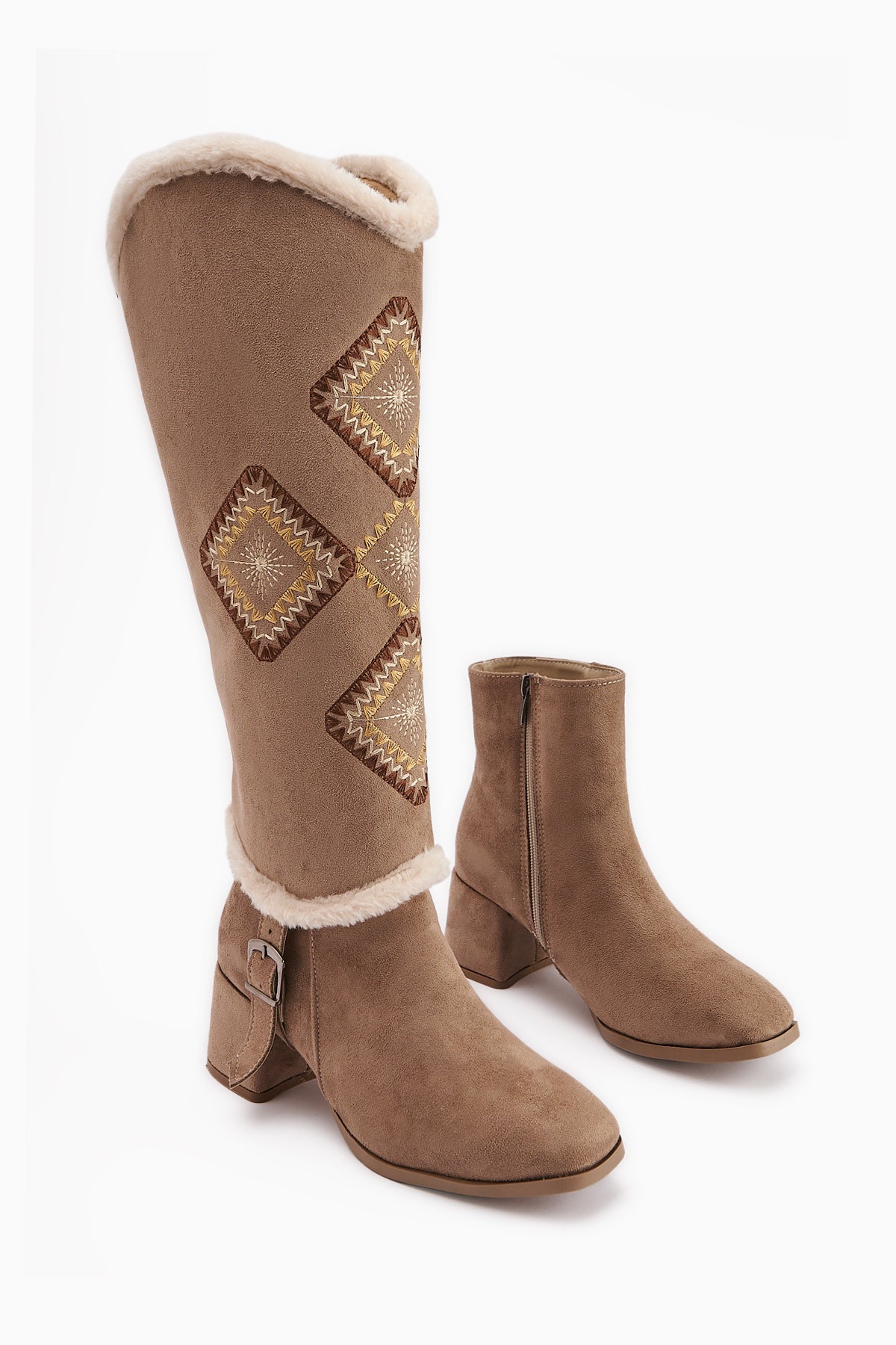 Hilka Beige Suede Removable Cuff Ethnic Patterned Women’s Boots