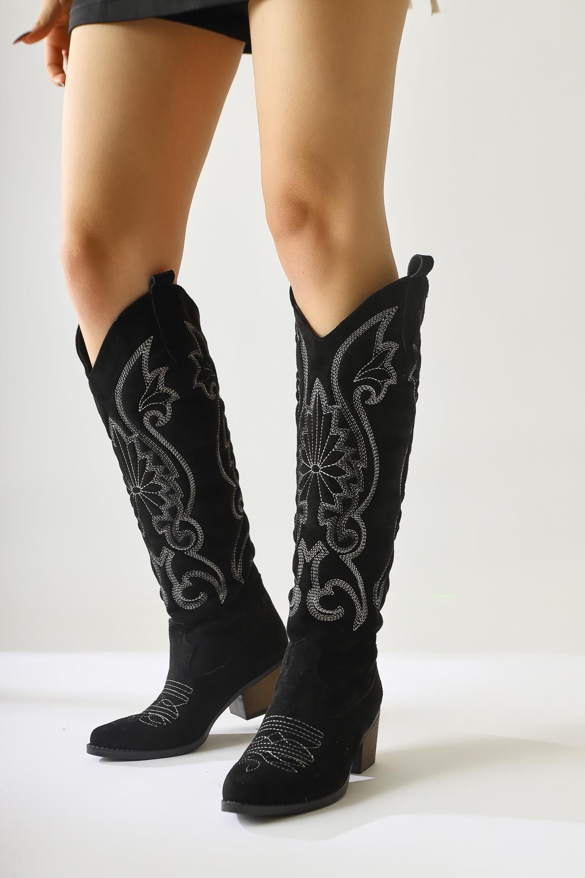 Dani Black Suede Embroidered Pointed Toe Western Boot