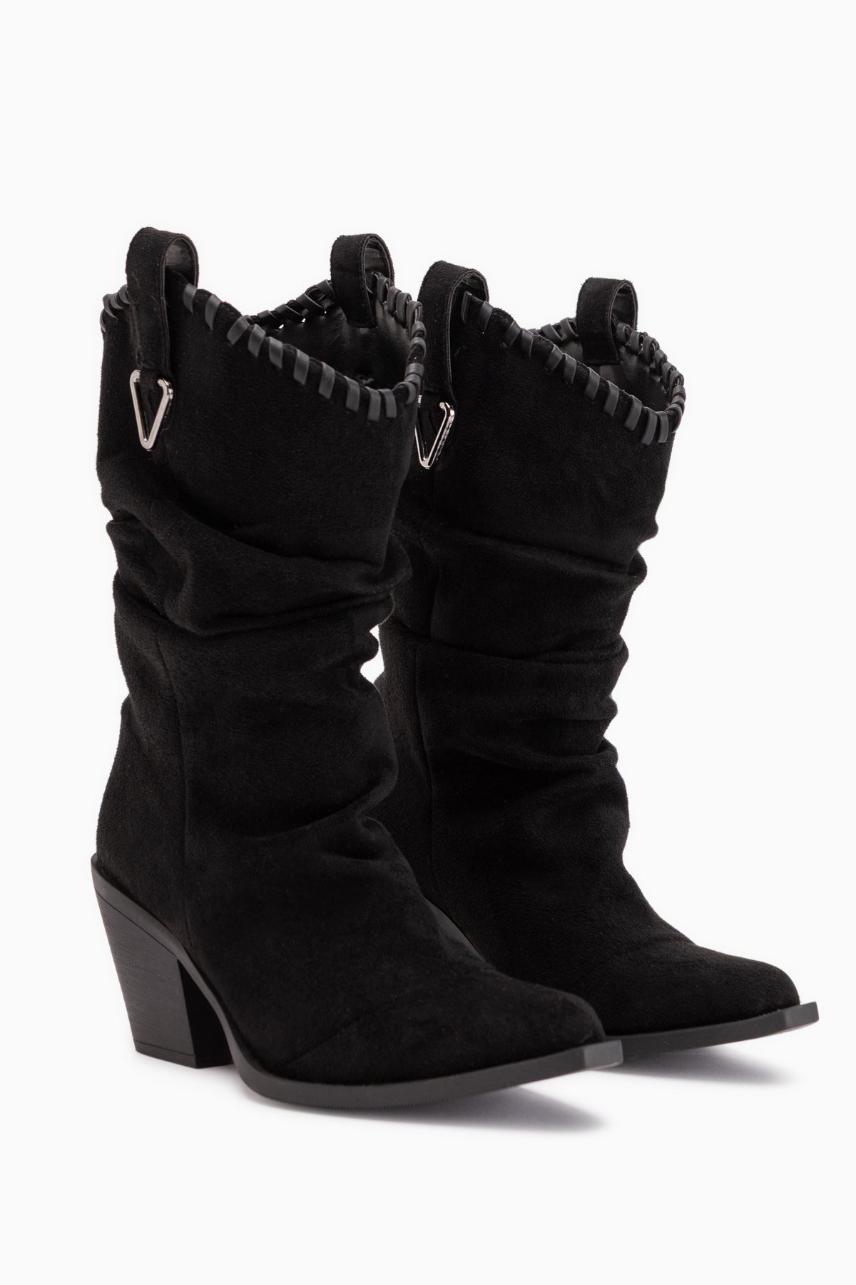 Reba Black Suede Pleated Thick Heeled Women’s Cowboy Boots