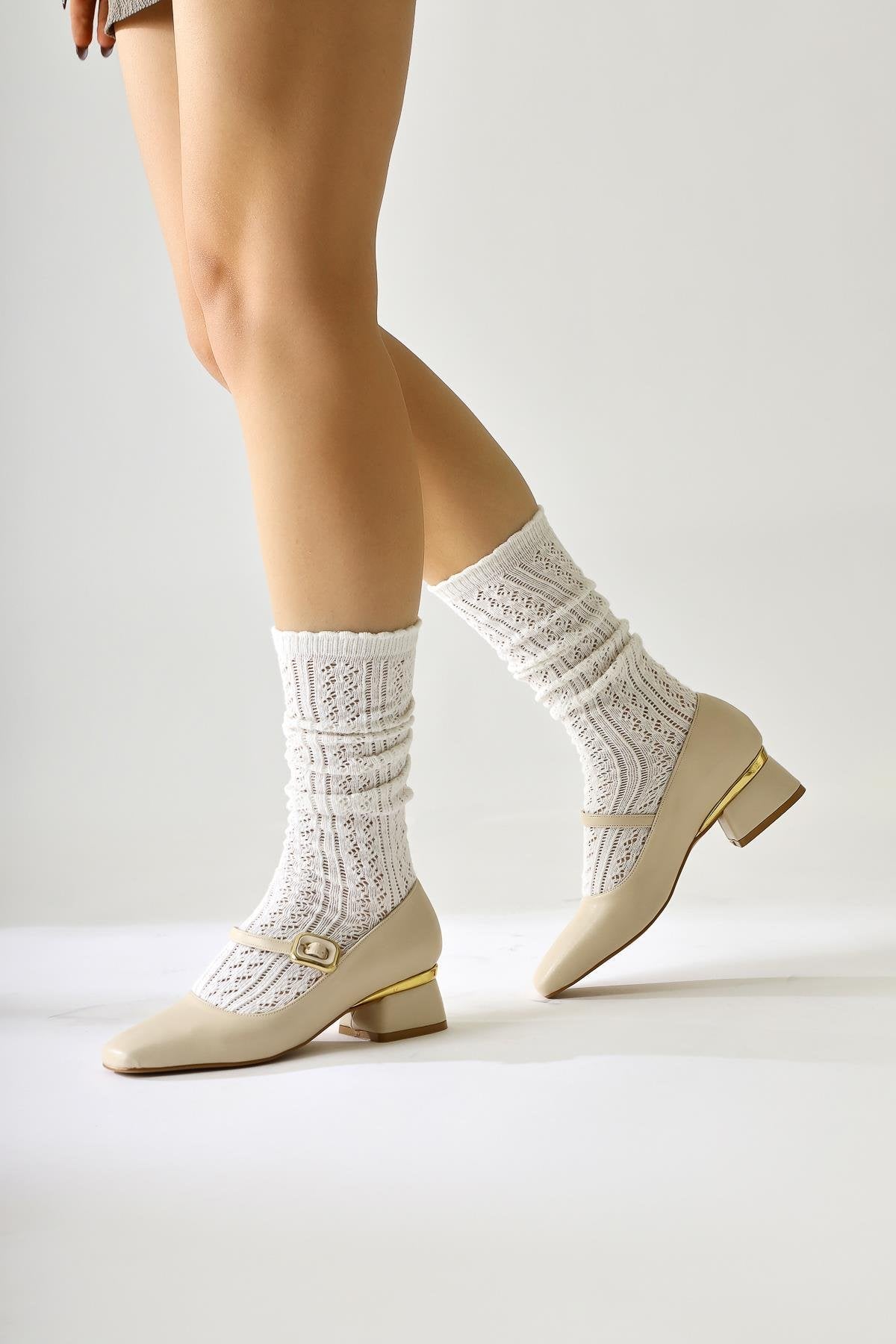 Abby Beige Square-Toe Buckle-Detailed Casual Shoes