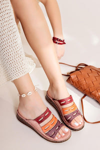 Joelle Genuine Leather Slides in Nude, Burgundy, Purple, and Orange with Comfort Laser Cut Detail