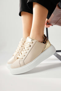 Tinka Cream Thick Soled Sneakers with Leopard Detail
