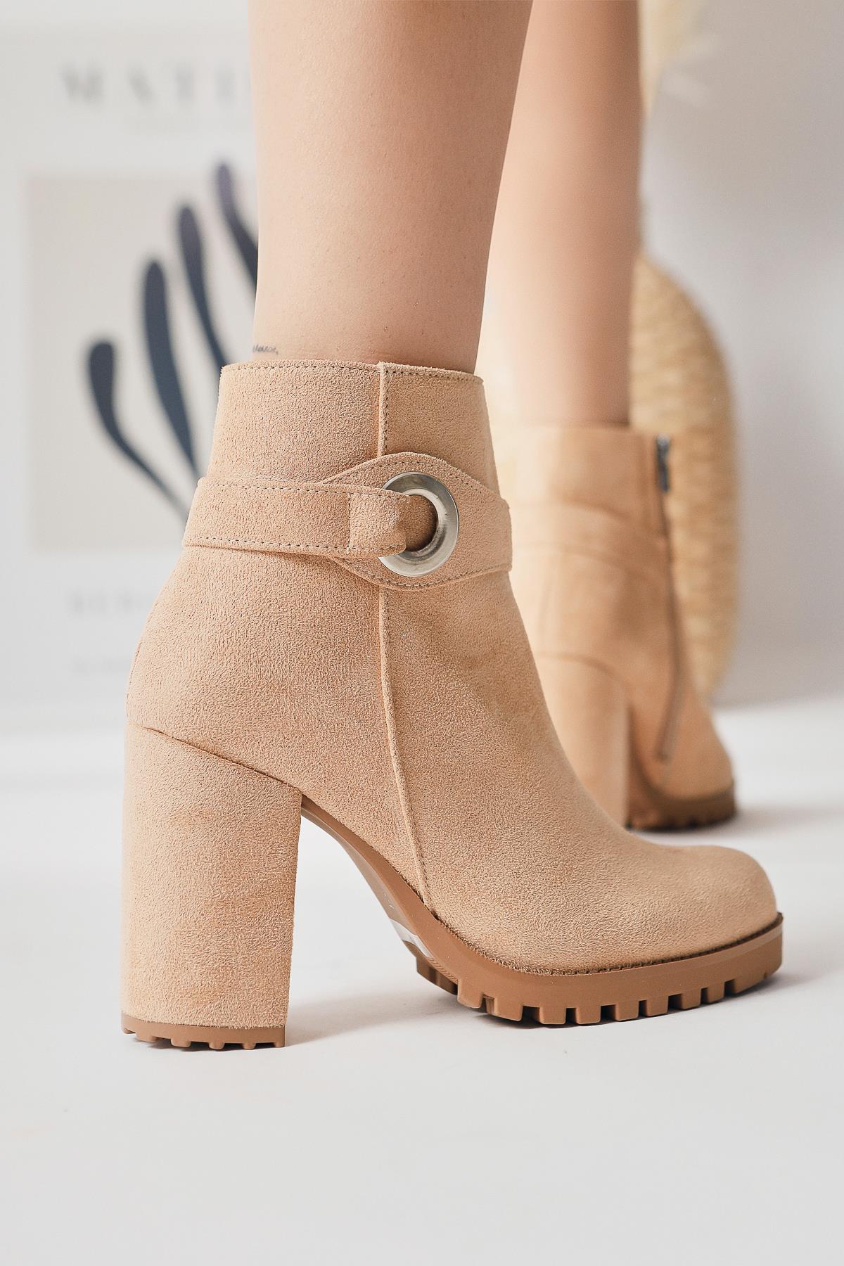 Destina – Cream Suede Oval-Toe Ankle-Accessory Heeled Boot (Women)