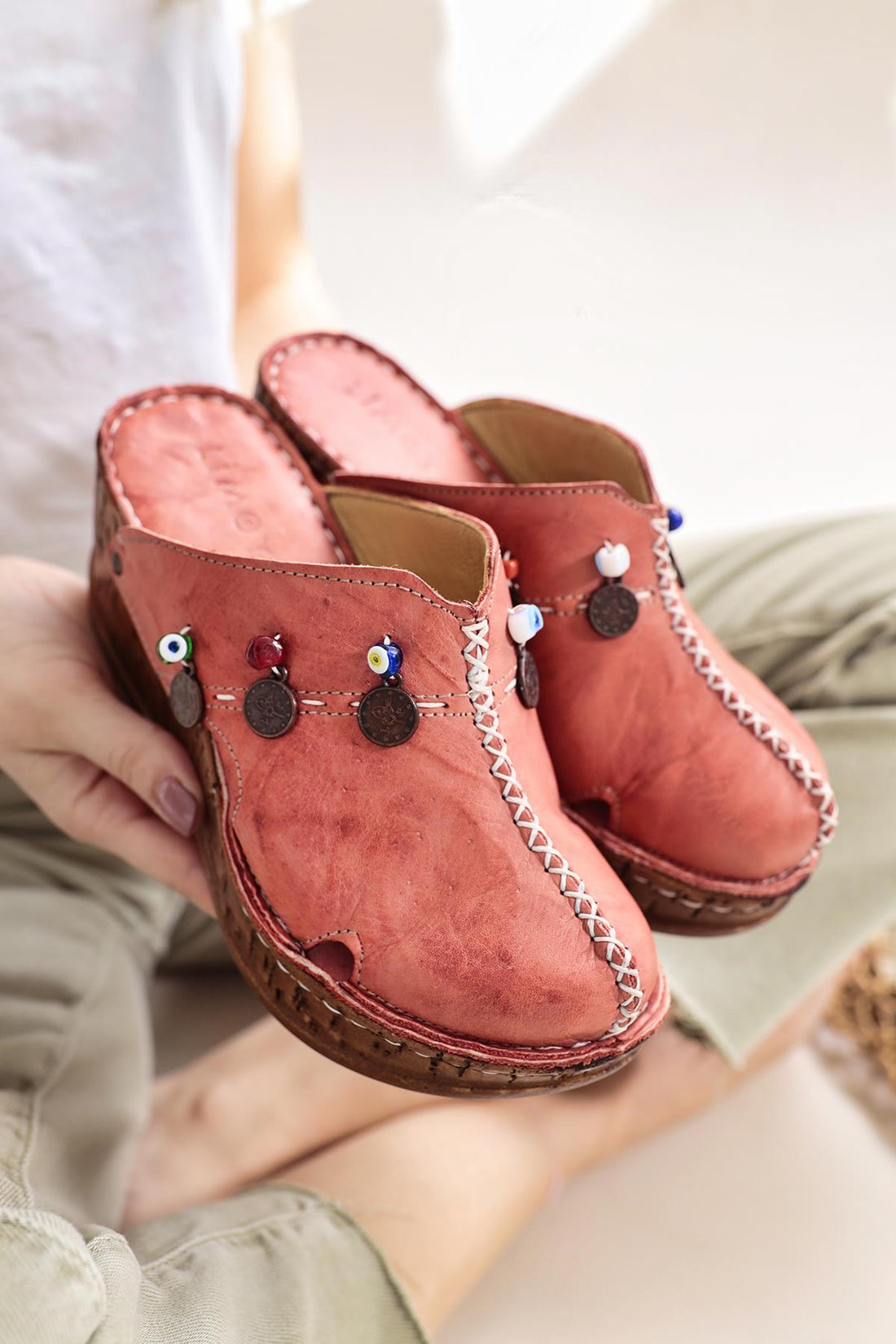 Genuine Leather Annika Coral Antique Detailed Women’s Slippers