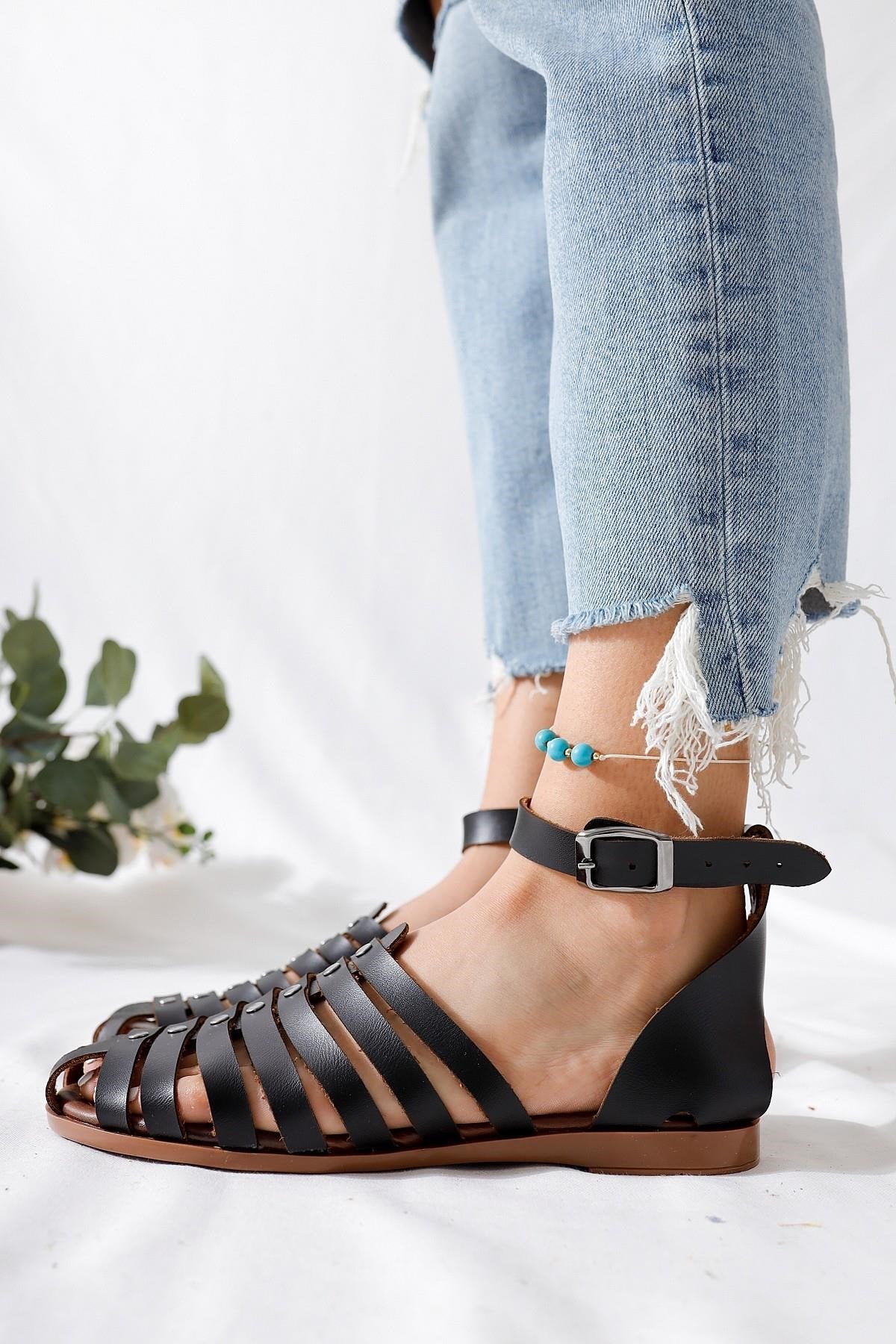 Helen Genuine Leather Black Sandals with Covered Toes