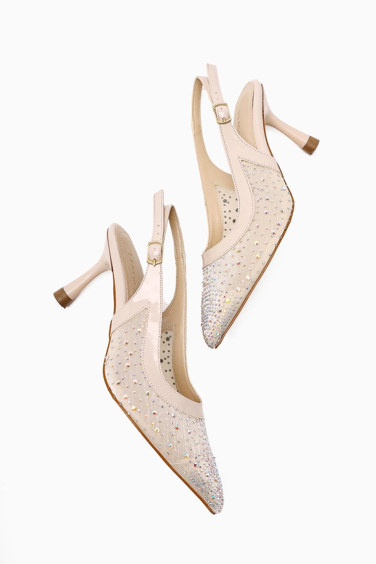 Kally – Beige Transparent Fabric, Stone-Detail Heeled Shoe (Women)