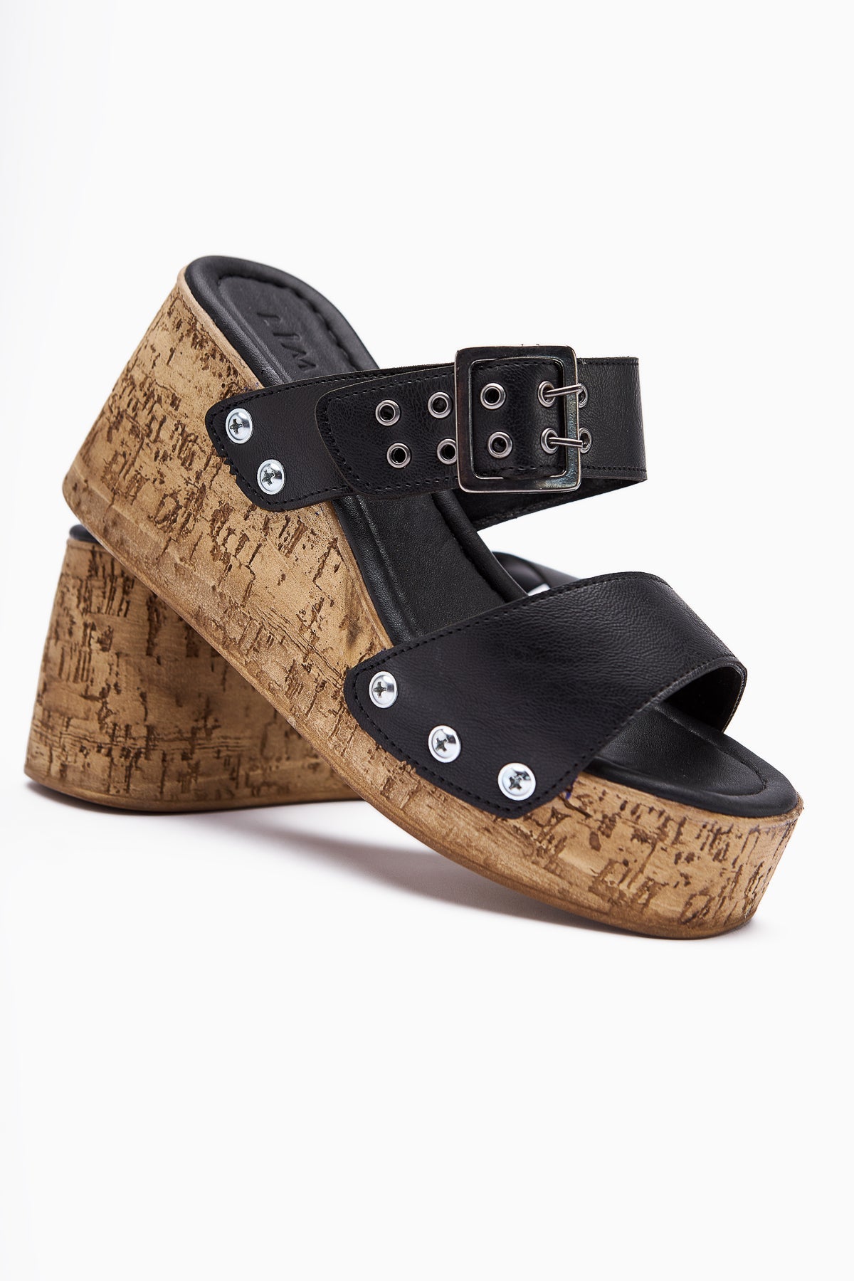 Genet Black Screw Detail Buckled Women's Slides