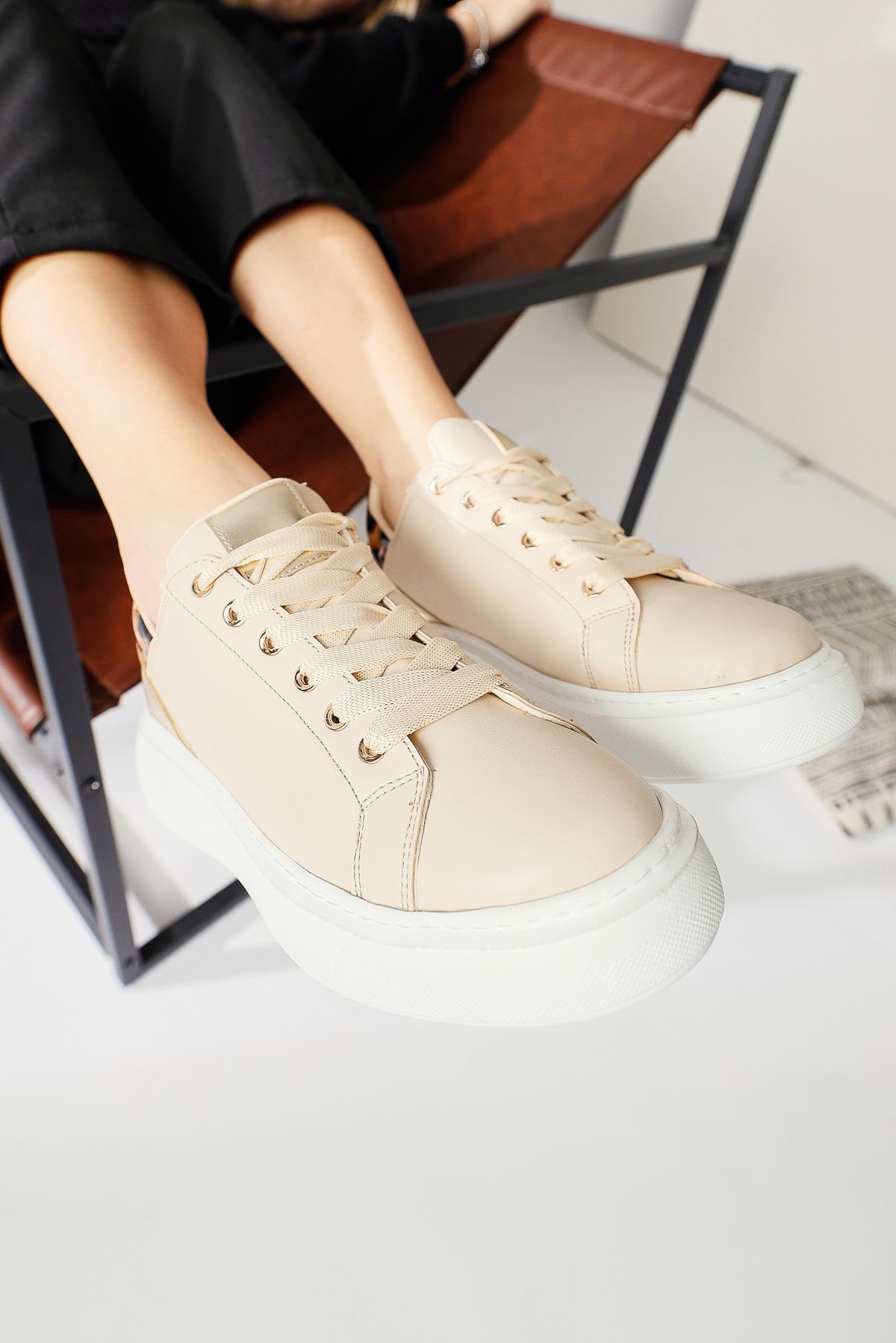 Tinka Cream Thick Soled Sneakers with Leopard Detail