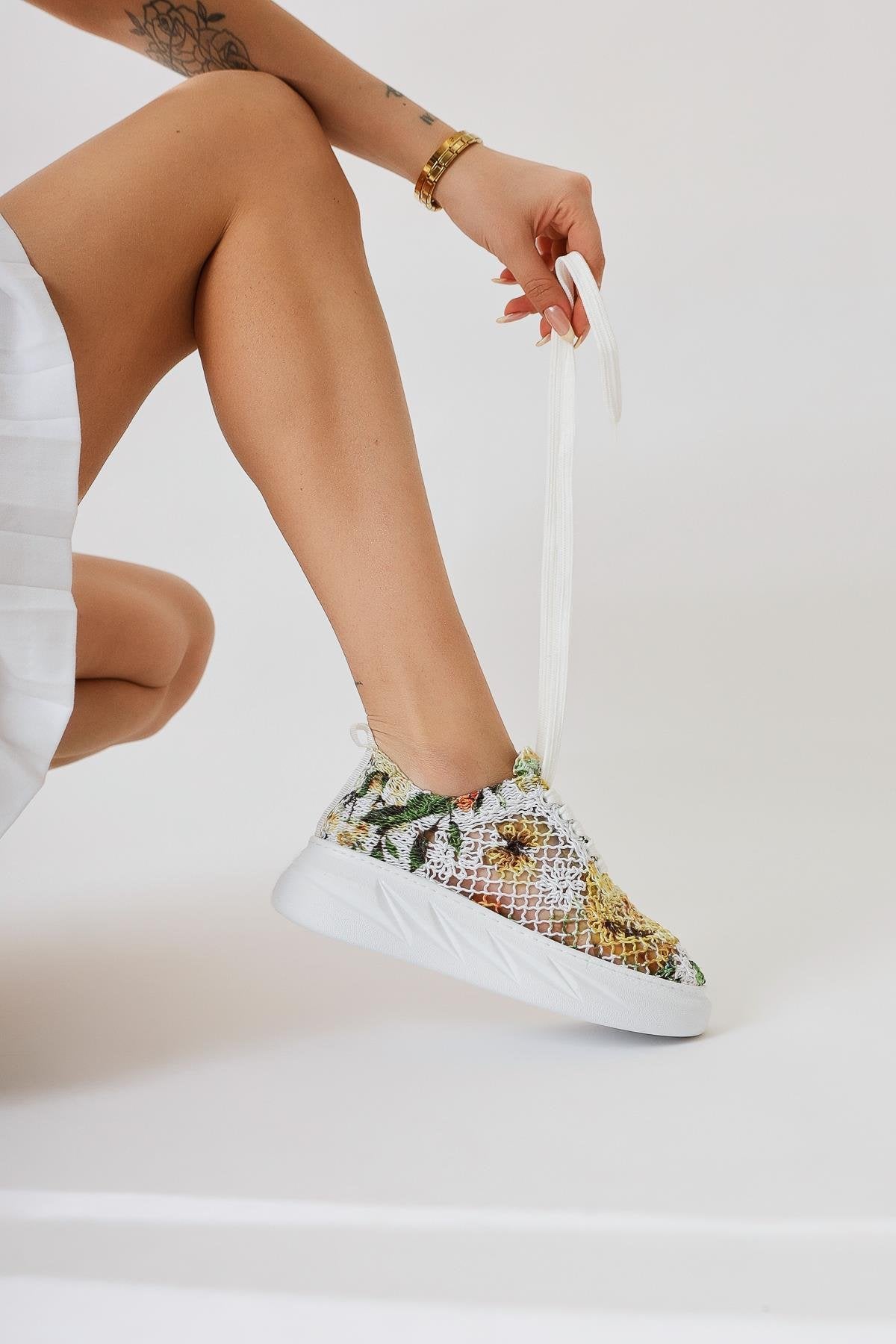 Biba Yellow Knit Pattern Printed Lace-Up Sneakers