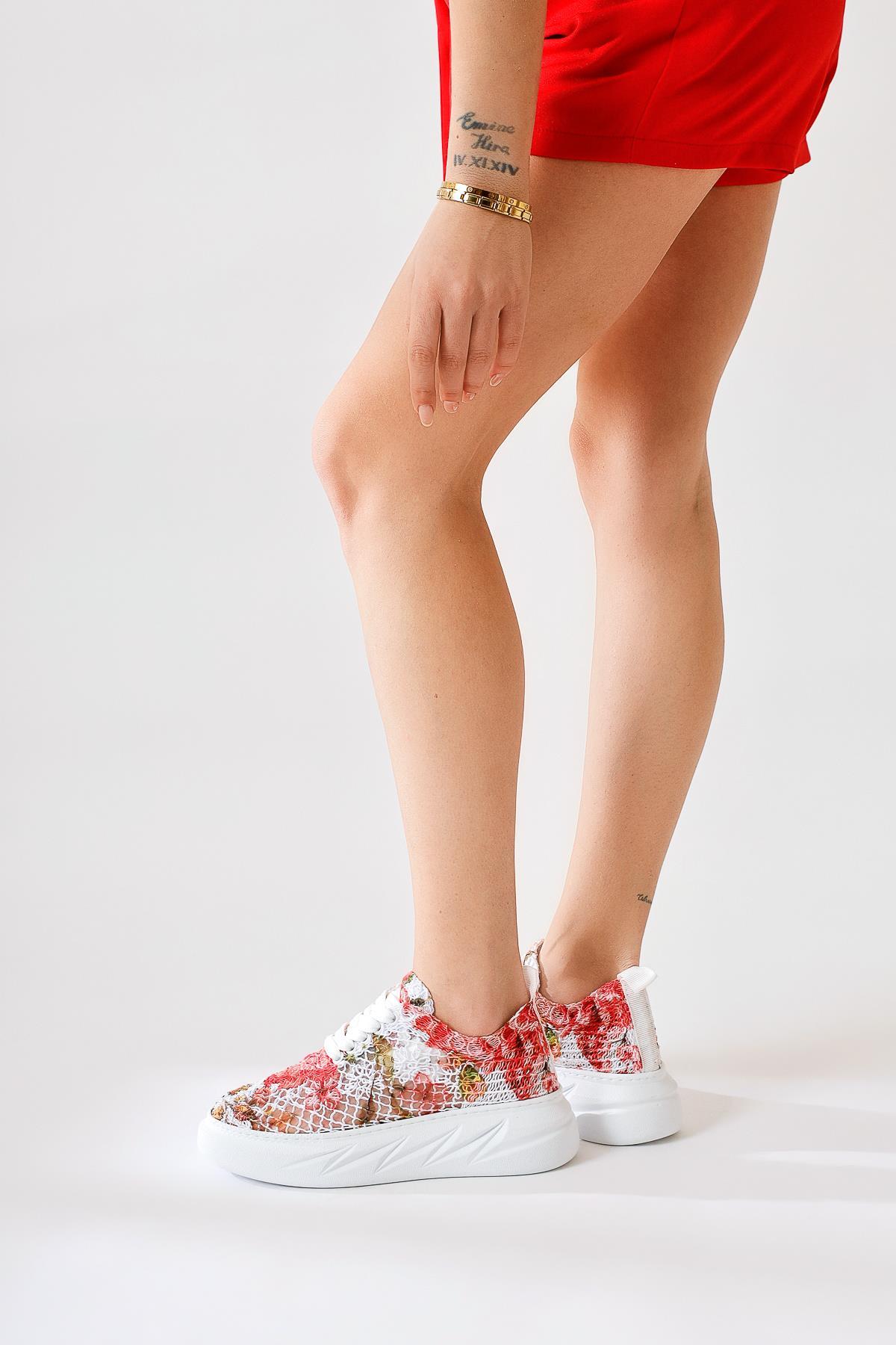 Biba Red Knit Pattern Printed Lace-Up Sneakers