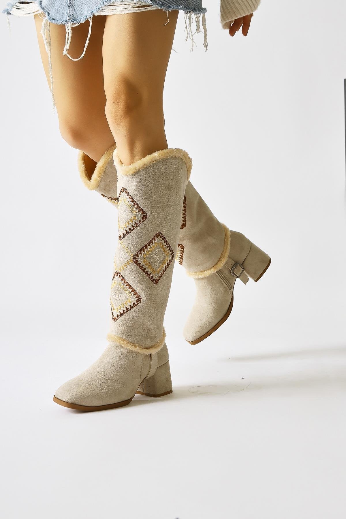 Hilka Beige Suede Removable Shaft with Ethnic Pattern Boots