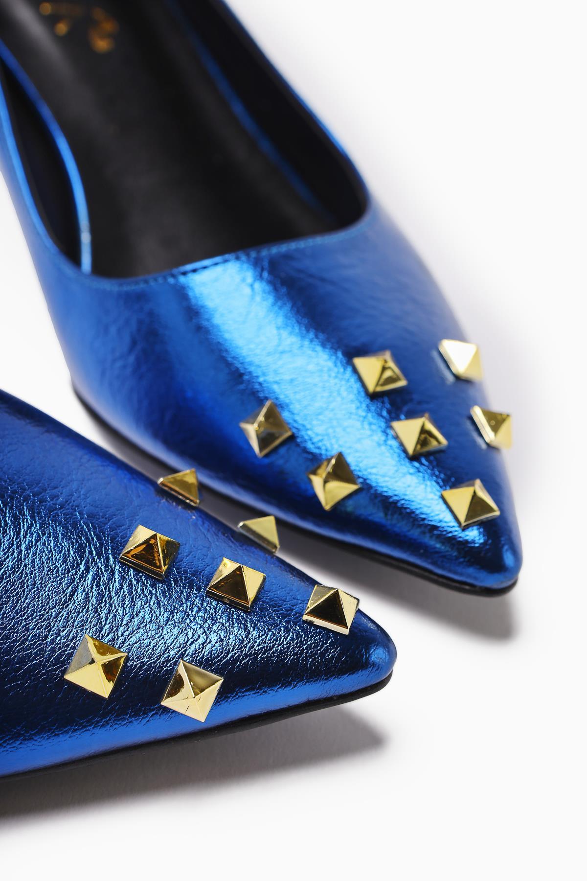 Anni – Navy Shiny Crinkled Patent Pyramid-Studded Heeled Shoe (Women)