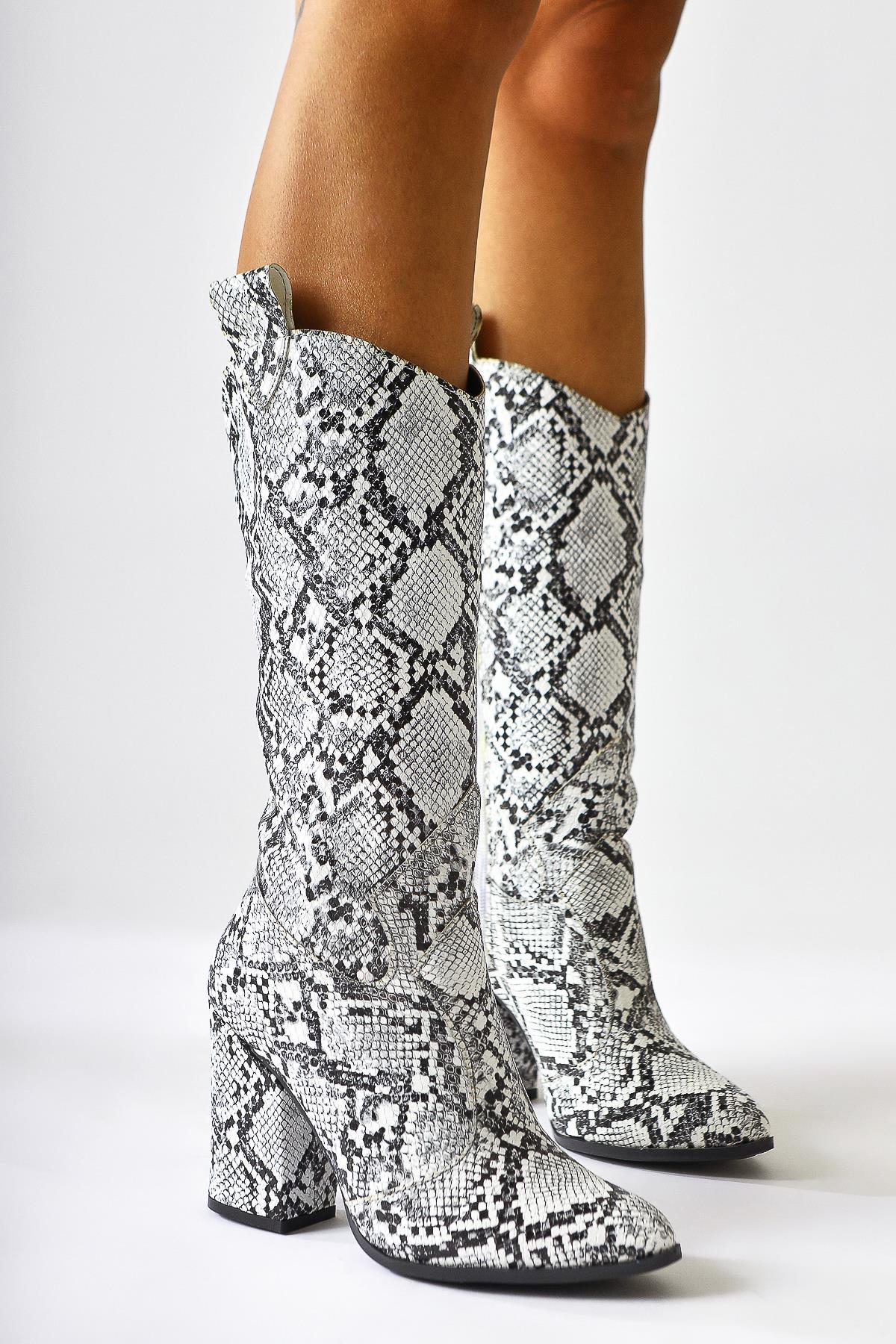 Keri White Snake Pattern Asymmetric Cut Heeled Ankle Boot