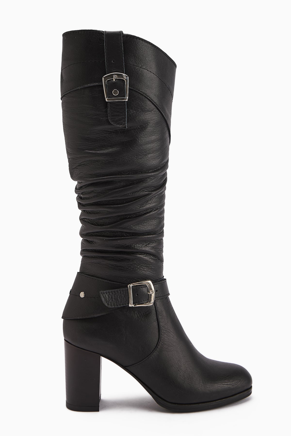 Ting Genuine Leather – Black Buckle-Detail Heeled Knee-High Boot (Women)
