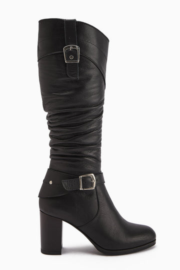 Ting Genuine Leather – Black Buckle-Detail Heeled Knee-High Boot (Women)