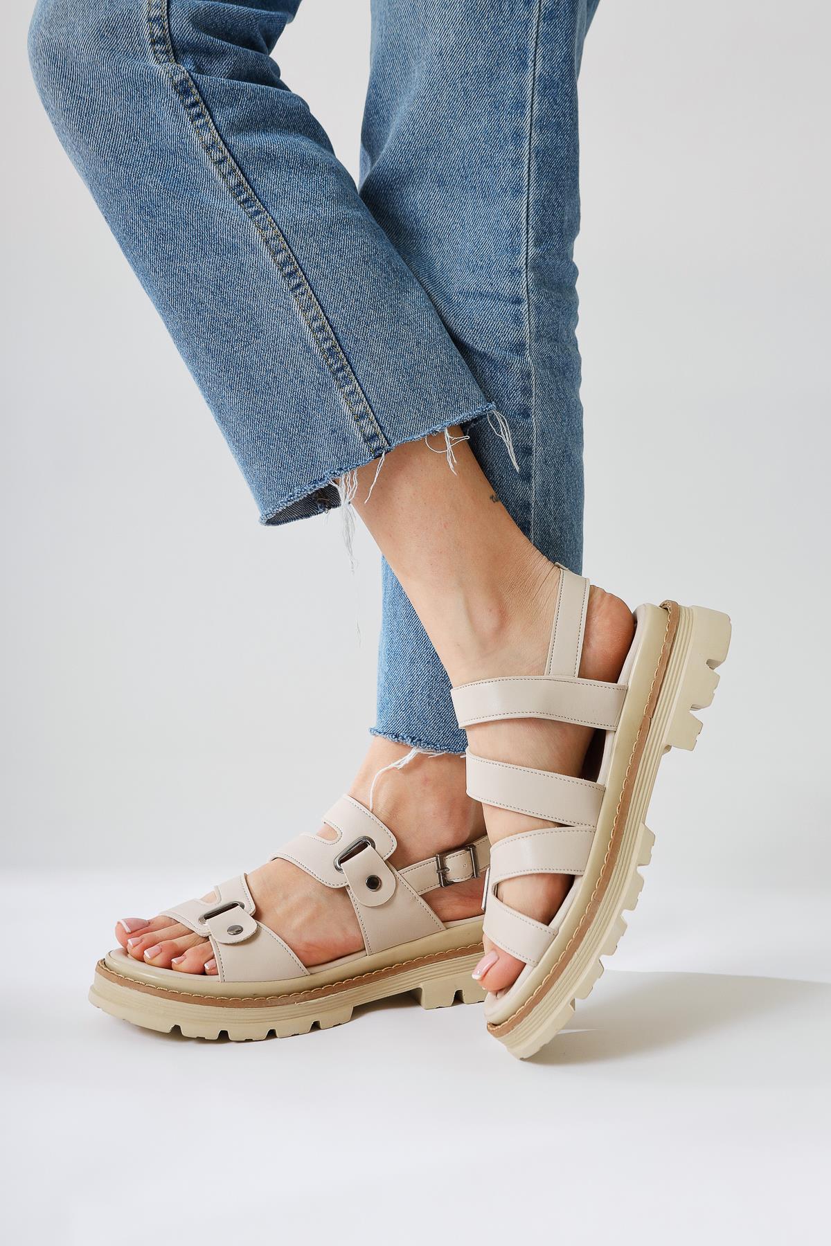 Aima Beige Studded Buckle Detail Stitched Sandal