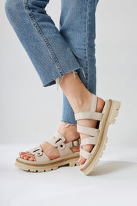 Aima Beige Studded Buckle Detail Stitched Sandal
