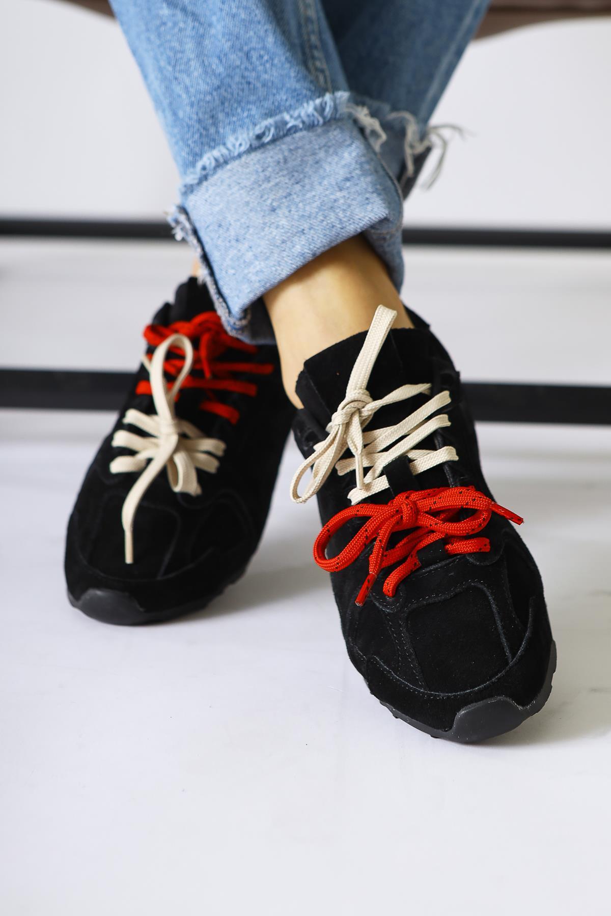 Sue Genuine Leather Black Suede Double Lace Sneakers