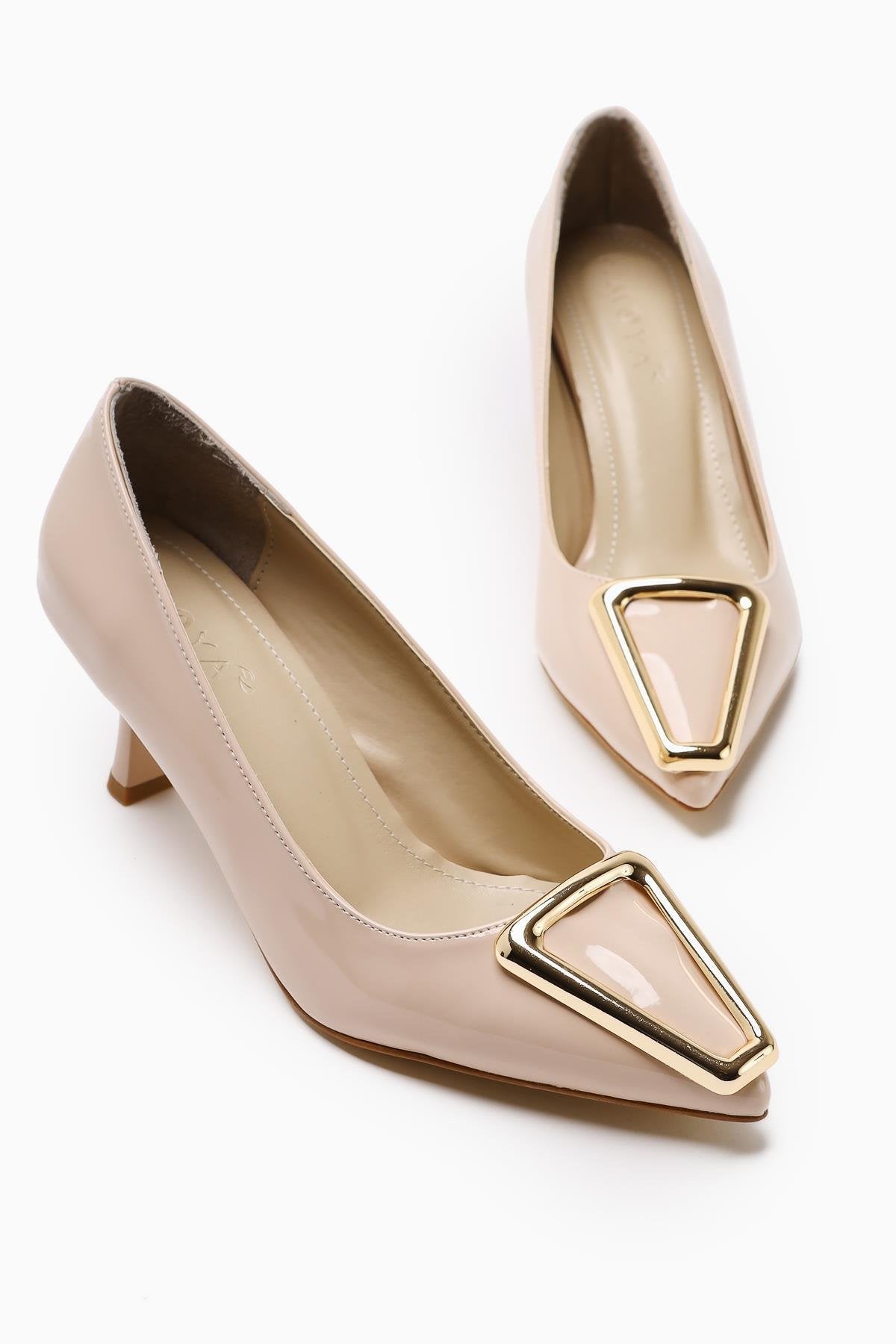 Carla Beige Patent Pointed Toe Buckle Detailed Women’s Heeled Shoes