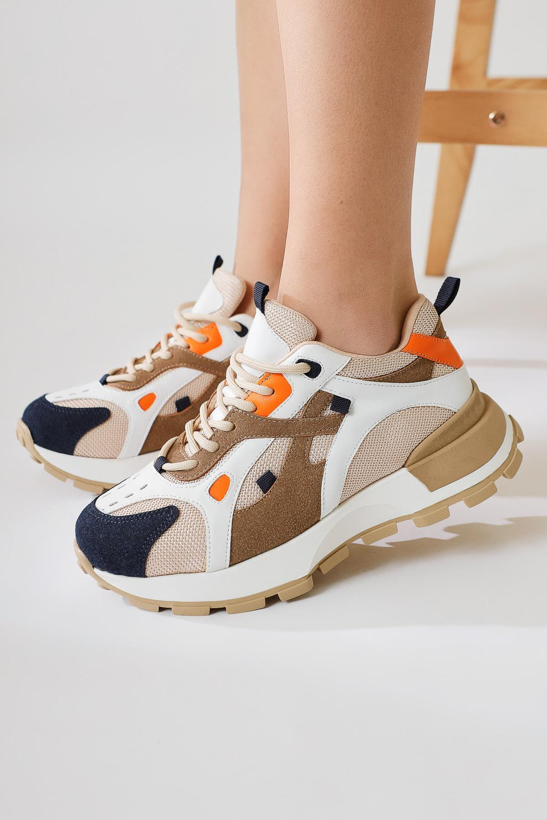 Siska Navy-Cream High-Platform Lace-Up Sneakers