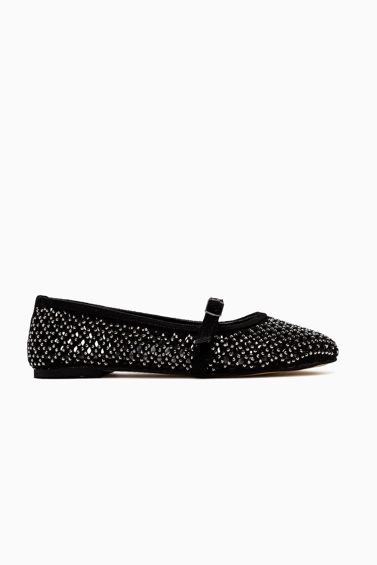 Nicole – Black Suede Oval-Toe Perforated Stone-Detail Single-Band Shoe (Women)