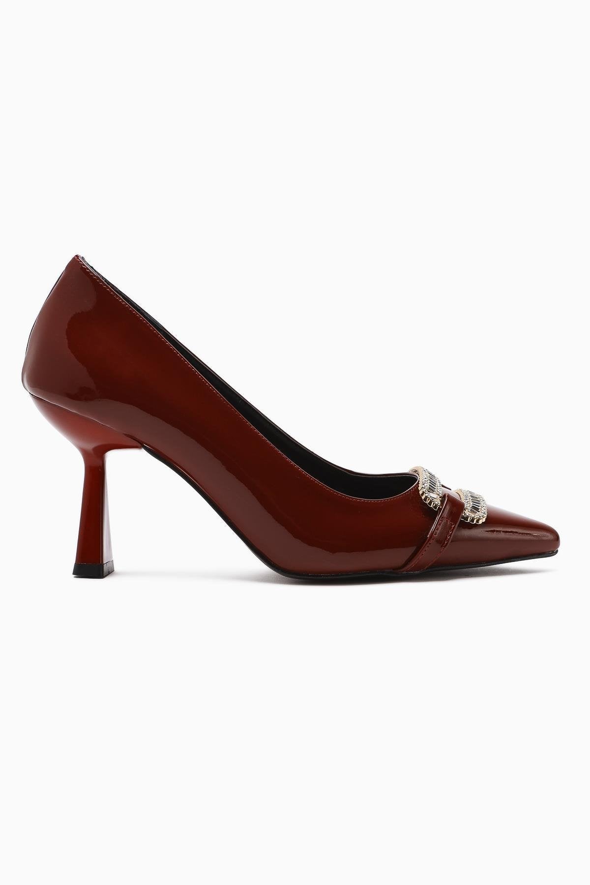 Ania Maroon Patent Leather Pointed Toe Heels with Jewel Buckle Detail