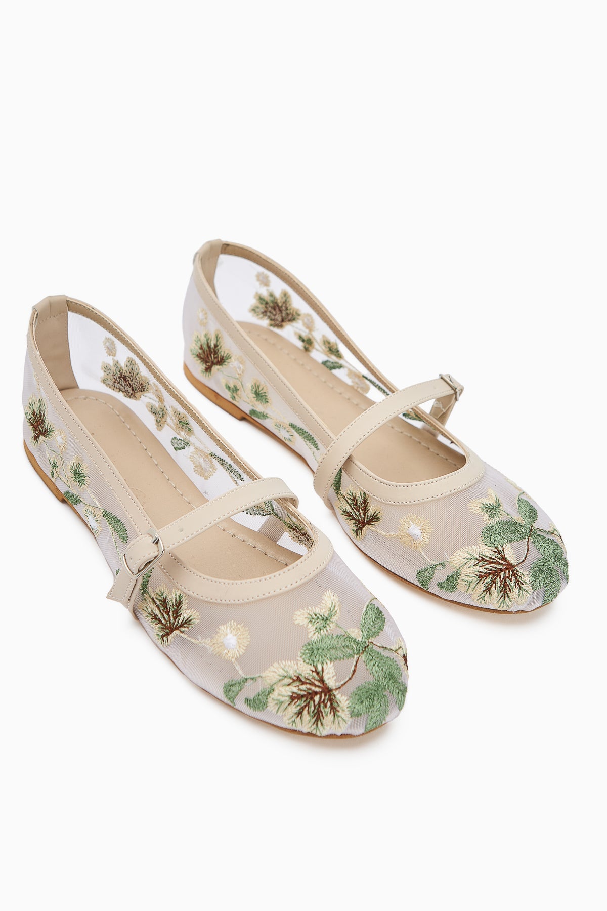 Jolin Nude Embroidered Buckled Women's Ballet Flat