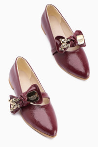 Joselin Burgundy Crinkled Patent Leather Flat with Bow Accessory