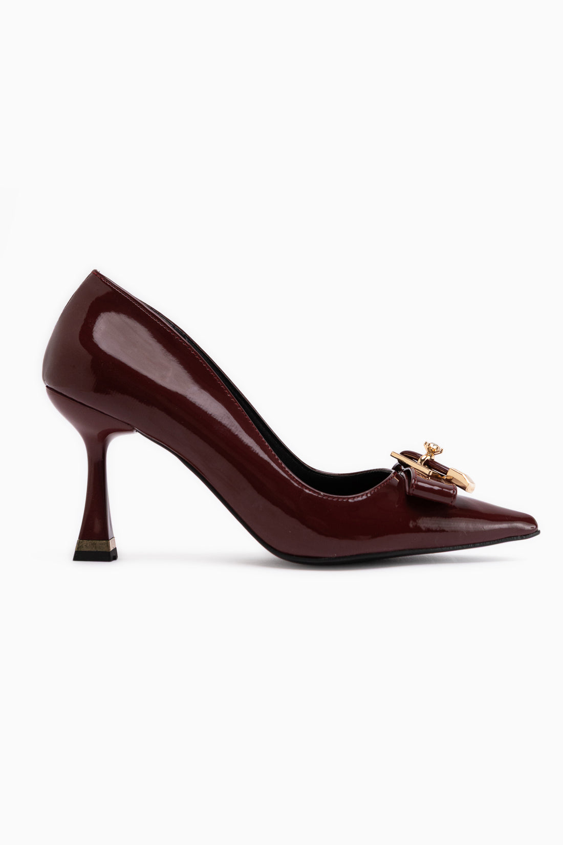 Mimosa Burgundy Patent Leather Pointed Toe Single Stone Buckle Detailed Women’s Heeled Shoes