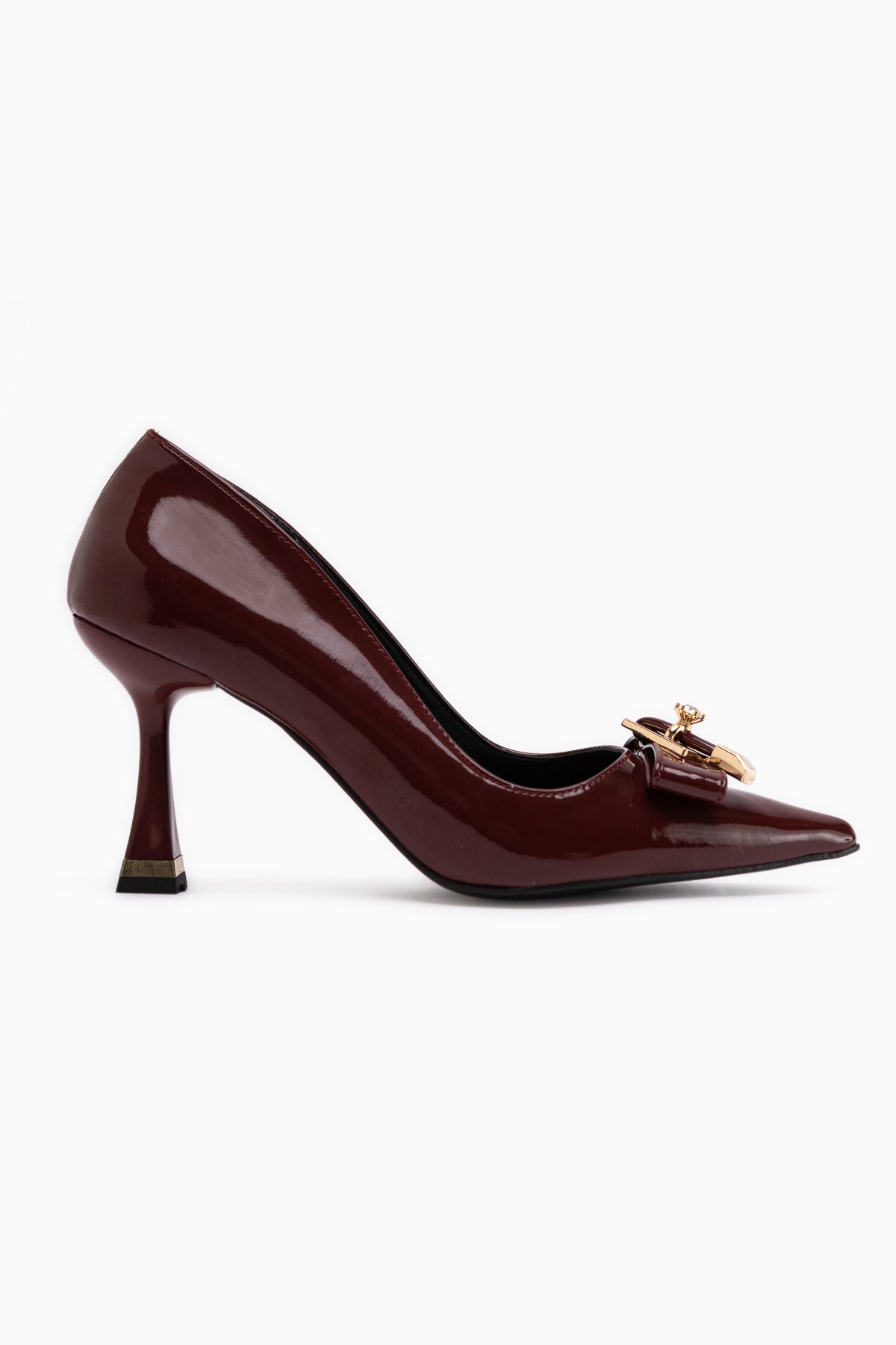 Mimosa Burgundy Patent Leather Pointed Toe Single Stone Buckle Detailed Women’s Heeled Shoes