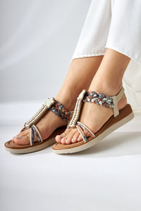 Luma Beige Knitted Stone-Embellished Women's Sandals