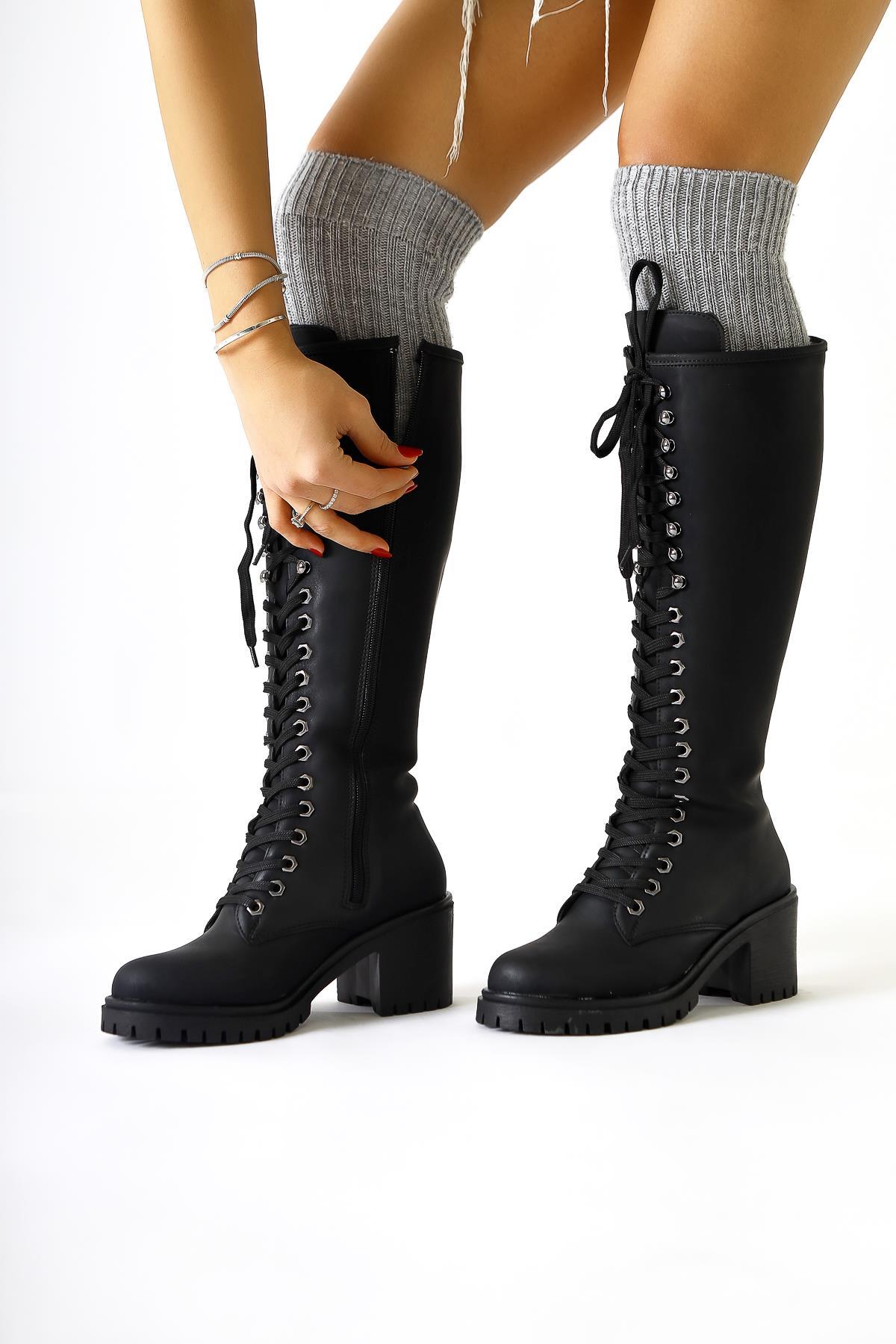 Bella Black Laced and Zippered Oval Toe Heeled Women's Boot