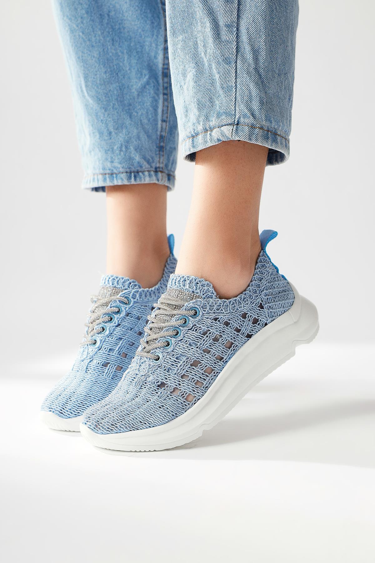 Melisia Blue Stone-Detailed Knit Sneakers