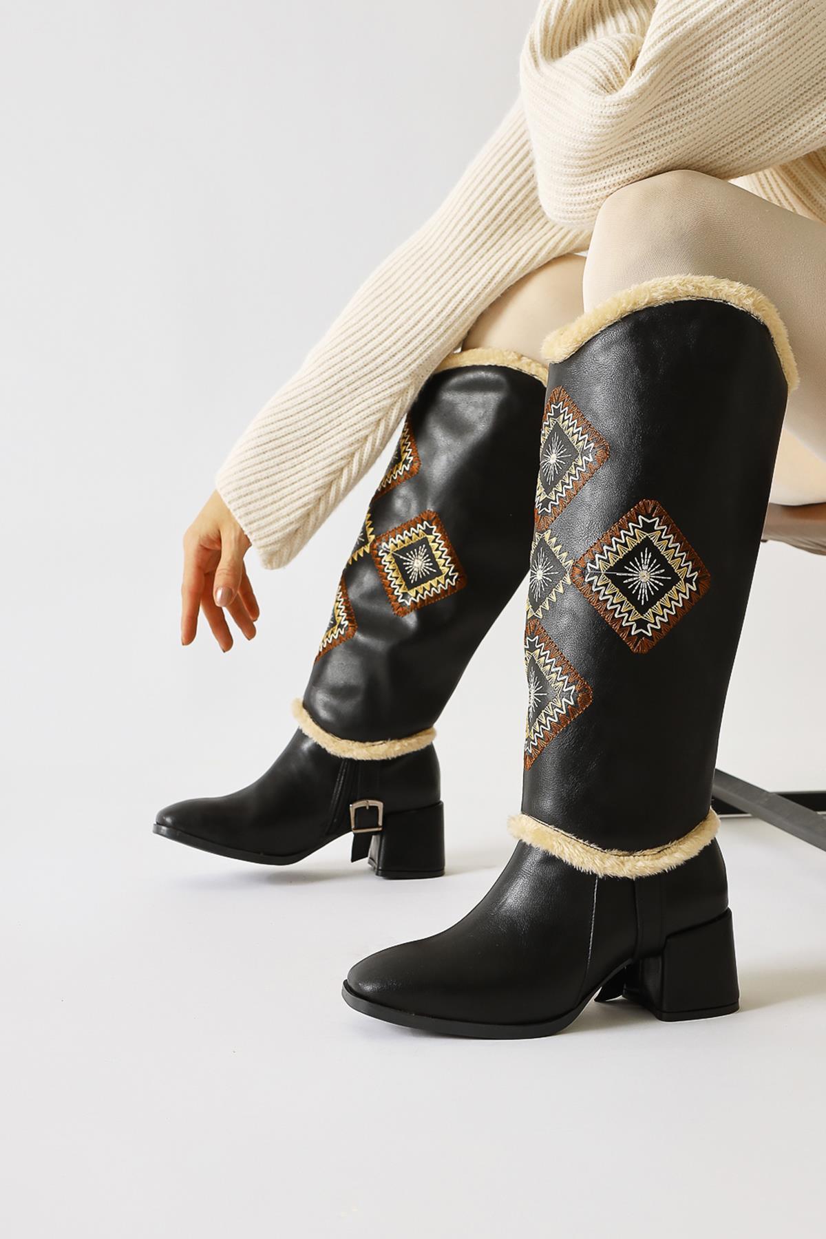Hilka Black Removable Shaft with Ethnic Pattern Boots