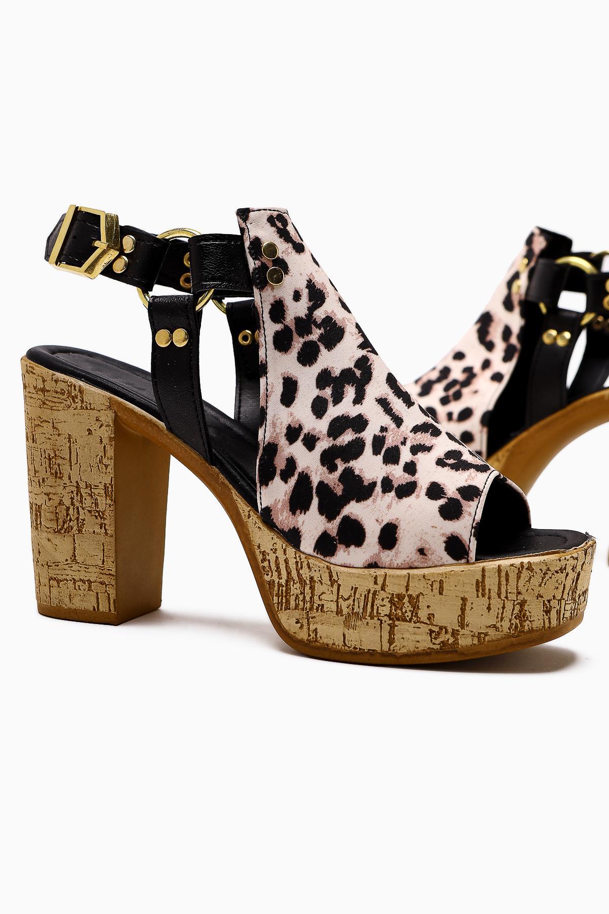 Hadel Black Leopard Belted Platform Heeled Sandals