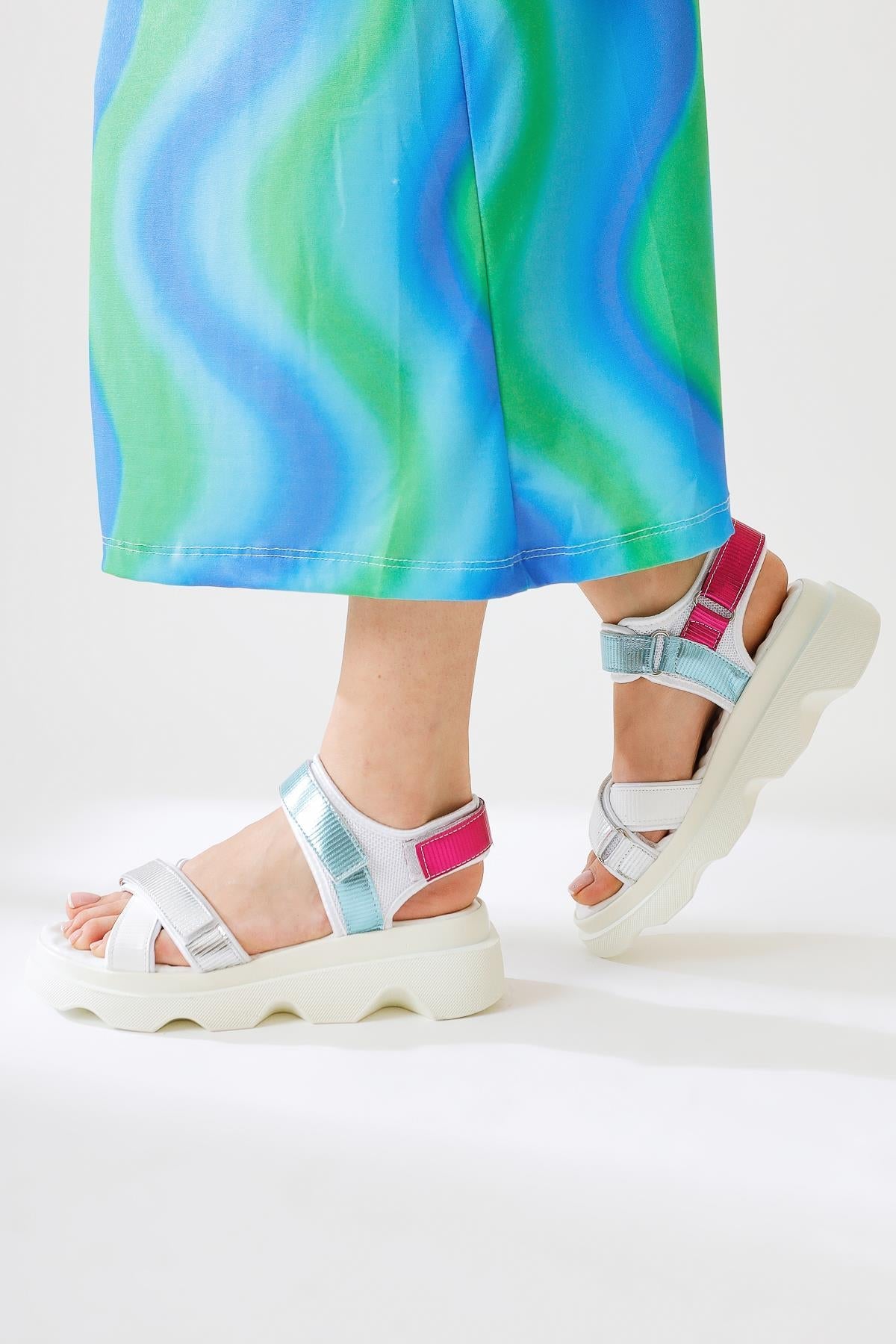 Siga White Cross Strap Velcro Detail Sandal