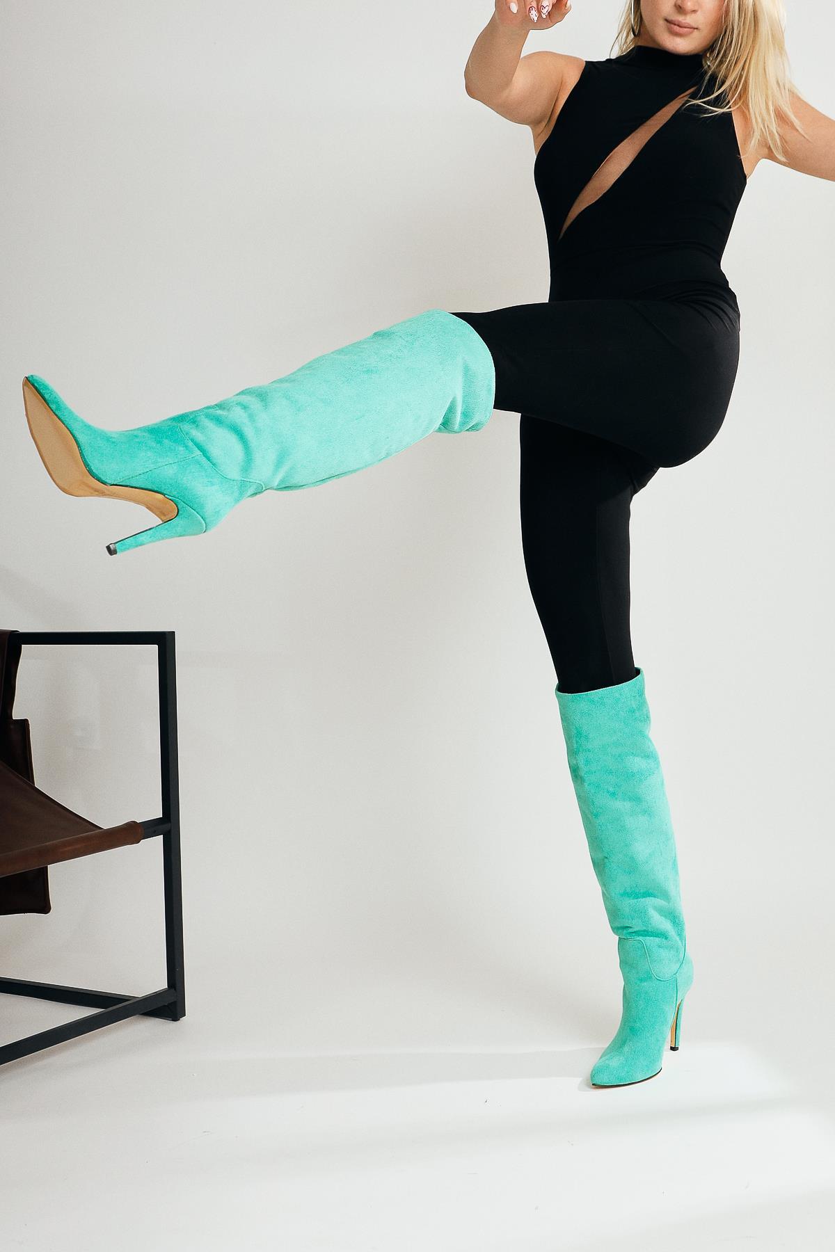 Nenya – Green Suede Pattern Pointed-Toe Slim Heel Over-The-Knee Boot (Women)