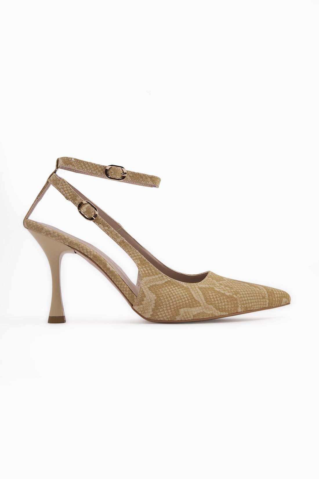 Jamie Beige Snake Pattern Buckled Women’s Heeled Shoes