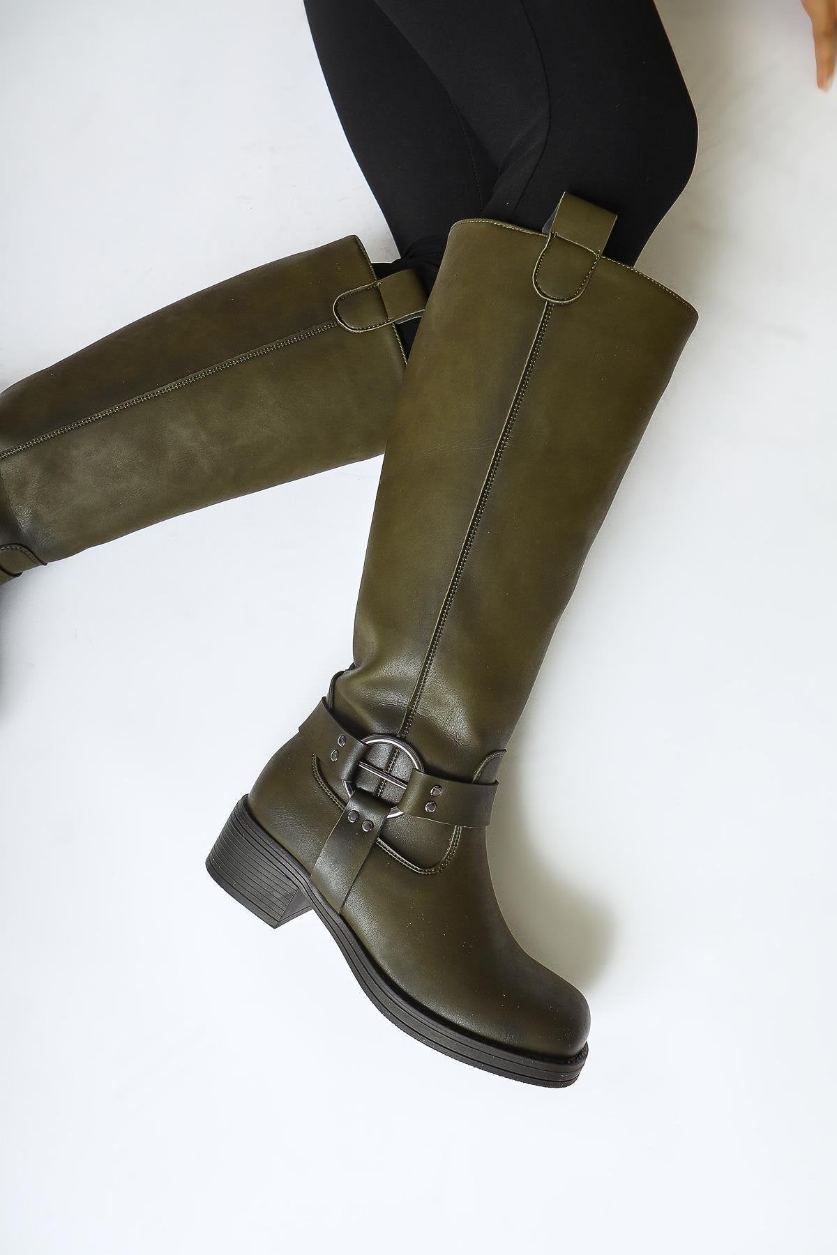 Soleil – Olive Belt-Detail Pull-On Knee-High Boot (Women)